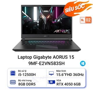 Laptop Gigabyte Aorus 15 9MF-E2VN583SH - Intel Core i5 12500H, 8GB RAM, SSD 512GB, Nvidia Geforce RTX 4050 6GB, 15.6 inch