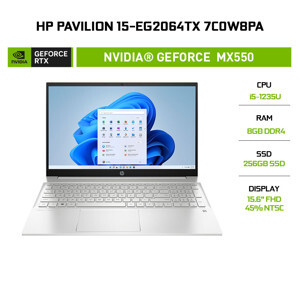 Laptop HP Pavilion 15-eg2064TX 7C0W8PA - Intel Core i5-1235U, 8GB RAM, SSD 256GB, Nvidia GeForce MX550 2GB GDDR6, 15.6 inch