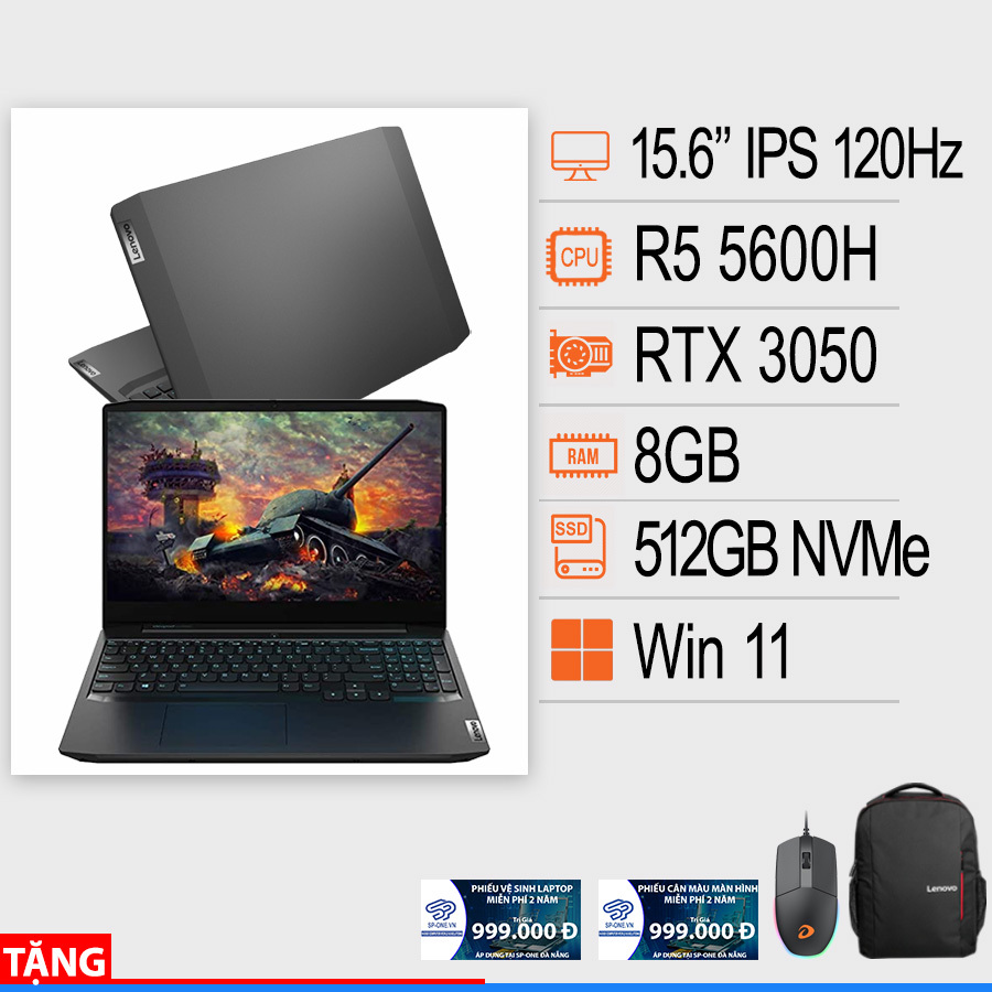 Laptop Lenovo Ideapad Gaming 3 15ACH6 82K200T0VN - AMD Ryzen 5-5600H, 8GB RAM, SSD 512GB, Nvidia GeForce RTX 3050 4GB GDDR6, 15.6 inch