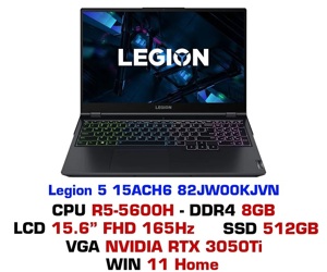 Laptop Lenovo Legion 5 15ACH6 82JW00KJVN - AMD Ryzen 5-5600H, 8GB RAM, SSD 512GB, Nvidia GeForce RTX 3050 Ti 4GB GDDR6, 15.6 inch