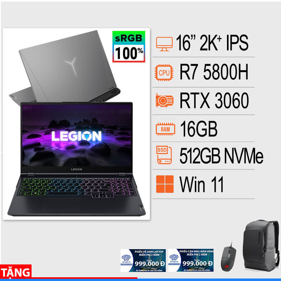 Laptop Lenovo Legion 5 Pro 16ACH6H 82JQ00S7VN - AMD Ryzen 7-5800H, 16GB RAM, SSD 512GB, Nvidia GeForce RTX 3060 6GB GDDR6, 16 inch
