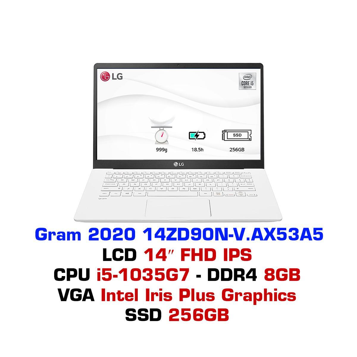 Laptop LG Gram 14ZD90N-V.AX53A5 - Intel Core i5-1035G7, 8GB RAM, SSD 256GB, Intel Iris Plus Graphics, 14 inch