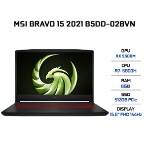 Laptop MSI Bravo 15 B5DD 028VN - AMD Ryzen 7 5800H, 8GB RAM, SSd 512GB, AMD Radeon RX 5500M 4GB GDDR6 + AMD Radeon Graphics, 15.6 inch