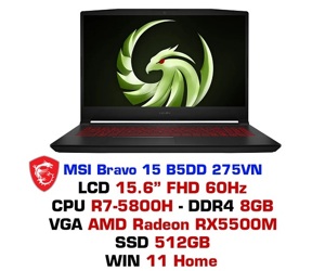 Laptop MSI Bravo 15 B5DD 275VN - AMD Ryzen R7-5800H, 8GB rAM, SSD 512GB, AMD Radeon RX 5500M 4GB GDDR6, 15.6 inch