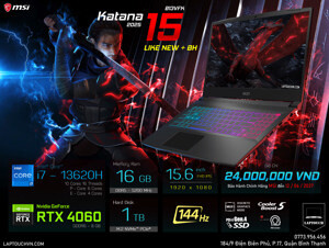 Laptop MSI Katana 15 B13VFK 676VN - Intel Core i7-13620H, 16GB RAM, SSD 1TB, Nvidia GeForce RTX 4060 8GB, 15.6 inch