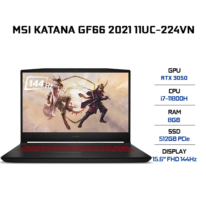 Laptop MSI Katana GF66 11UC 641VN - Intel Core i7-11800H, 8GB RAM, SSD 512GB, Nvidia GeForce RTX 3050 4GB GDDR6, 15.6 inch