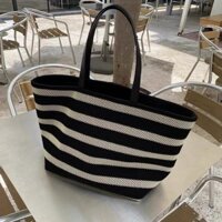 Large Capacity Tote Bag Cowhide Patchwork Color Block Bucket Bag Summer New Hollow Woven Bag Lazy Style Bag