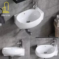 Lavabo mini nhỏ, Chậu rửa mặt lavabo góc treo tường LB-422, men NANO trắng sáng chống bám bẩn, lavabo góc