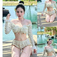 laylashop Ship hỏa tốc Set bikini chấm bi áo trễ vai tay loe siêu xinh đi biển