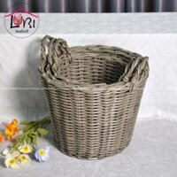 LB082G – Sọt đựng đồ đan dây nhựa giả mây hình tròn côn đáy màu xanh đá – siêu bền, sang trọng