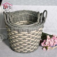LB082M – Sọt đựng đồ đan dây nhựa giả mây hình tròn côn đáy thắt chữ X – sang trọng