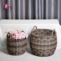 LB170 – Sọt đựng đồ tròn bầu bụng đan nhựa giả mây xám chu kỳ – sang trọng