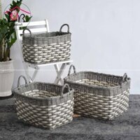 LB189 – Giỏ đựng đồ đan dây nhựa giả mây thắt chữ X màu xám trắng – xinh xắn