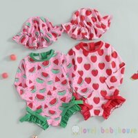 Lbh-kids Girl Dâu Tây / Dưa Hấu In Hình Nơ Dễ Thương Ruffle Đồ Bơi Dài Tay