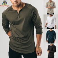 [Lck] Áo thun nam dài tay thông thường Henley Grandad cổ chữ V Nút áo thun chắc chắn hàng đầu