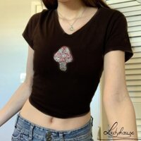 Ld-áo thun ngắn nữ, Áo Crop Top cổ chữ V hình nấm kim cương giả ngắn tay, Áo sơ mi rốn co giãn mùa hè dành cho nữ