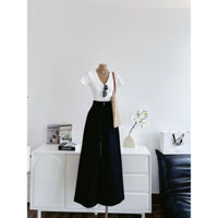 (LD) Set áo trắng basic cổ tim kèm quần kaki đen ống rộng