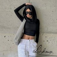 Ldd-áo thun nữ dài tay có mũ trùm đầu màu trơn Slim Fit Áo nữ dạo phố cho hàng ngày
