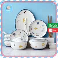 [LẺ] Bộ bát đĩa sứ YANDY HOME chén dĩa tô gốm màu trắng họa tiết dụng cụ bếp 13 chi tiết men bóng đẹp dễ thương