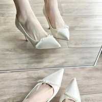 Lễ Siêu Đẹp Trắng Stiletto Giày Cưới Cao Cấp Satin Ngọc Trai Mũi Nhọn Giày Cô Dâu Váy Phù Dâu Giày Cao Gót20250331