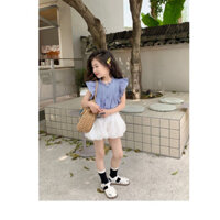 [Lẻ size] Set áo sơ mi tay cánh tiên, quần bí trắng cho bé