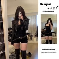 Leather Jacket Waist-Cinching Spring and Autumn Design Hot Girl Shorts Jumpsuit Set Jacket Pure Style New Slimming][Long Sleeve Jacket Motorcycle Short Style