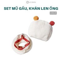 Lecoon – Mũ len tai gấu, khăn len ống Trắng – Cam – Vàng