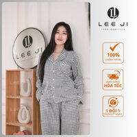 LEE JI - Bộ Pijama Nữ Mặc Nhà Dài Tay Kẻ Caro Ghi, Bộ Ngủ Chất Cotton Thô Mềm Mại, Thấm Hút Mồ Hôi - CRG05