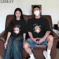 LEEKAY Áo thun dáng rộng in hình hoạt hình dễ thương cho mùa hè