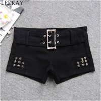 LEEKAY Gợi Cảm Thấp Eo Nóng Cô Gái Siêu Ngắn Quần Short Nữ Đinh Tán Co Giãn Quần Nóng Ngoài Mặc Denim Đen Ngắn