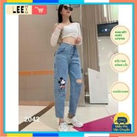 [LEEXSTORE] Quần baggy jean mickey rách gối nữ