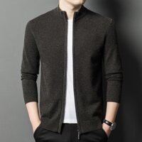 Len Dây Kéo Đứng Cổ Áo Cardigan Nam Công Sở Thường Ngày Thu Đông Thời Trang Màu Trơn Dệt Kim Áo Khoác