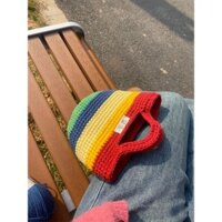 Len Móc Cầu Vồng Túi Xách Tự Chế Giỏ Rau Củ Đan Tay Tự Làm Chất Liệu Túi Mùa Xuân Đi Chơi Túi Quà Tặng Cho Bạn Gái