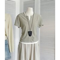 LENCLOTHING Áo len nữ 1311800 - áo tay ngắn bông xù dây kéo kẻ rêu