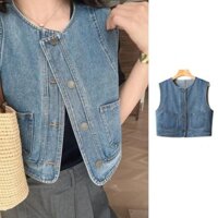 Leota Vintage Denim Vest, Cổ Tròn Màu Xanh Nút Áo Khoác Ngắn, Thời Trang Dạo Phố Retro Tất Cả Trận Đấu Áo Khoác Nữ Nữ