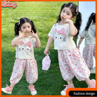 🎀LeTong🎀Bộ đồ mùa hè mới cho bé gái, thời trang ngọt ngào với nơ mèo, bộ đồ thoải mái