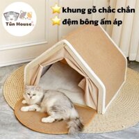 Lều trại cho mèo khung gỗ, kèm ở, cào móng, nằm mặt bông ấm áp- Tũn House