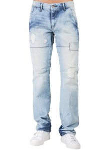 Level 7 Men's Slim Straight Premium Jeans Blue Bleached Destroyed & Repaired