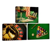 LevvArts 3 Piece Canvas Wall Art Vintage Poker Roulette Wheel Billiards Pictures Casino Game Poster Print for Bar Pub Game Room Club Walls Decorati...