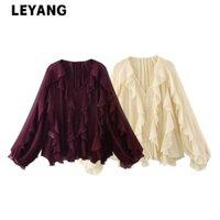 LEYANG Áo Sơ Mi Nữ LEYANG, Áo Sơ Mi Tay Dài Ren, Áo Sơ Mi Nữ Công Sở Cổ Chữ V 2025