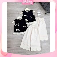 (LH1) Set bộ bé gái, Set áo đen sát nách phối nơ kèm quần ống rộng cho bé gái
