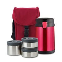 LHC8034RED – Bộ hộp cơm giữ nhiệt Easy Take bằng thép không gỉ 2L, 420ml*2, 720ml*1, bộ muỗng và nĩa *1, túi đựng *1, màu đỏ