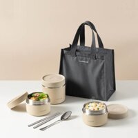 LHC8052S02B - Bộ hộp cơm giữ nhiệt LocknLock Pump Vacuum Lunch box (300ml*2, 500ml*1, bộ đũa và thìa, túi) - Màu be