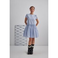 LIBÉ WORKSHOP - Đầm ngắn trên gối hoạ tiết sọc chạy chỉ thun và phối bèo ngang hông