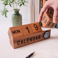 Lịch gỗ để bàn 2025, lịch gỗ kèm đồng hồ sáng trọng, lịch gỗ decor, lịch vạn niên gỗ tự nhiên.