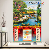 Lịch Gỗ Treo Tường Tráng Gương 2025 Phong cảnh Quê Hương kết hợp Thư Pháp (40x60cm) TẶNG BLOC Lịch đại