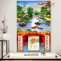 Lịch Gỗ Treo Tường Tráng Gương 2025 Phong cảnh Quê Hương kết hợp Thư Pháp (40x60cm) TẶNG BLOC Lịch đại