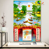 Lịch Gỗ Treo Tường Tráng Gương 2025 Phong cảnh Quê Hương kết hợp Thư Pháp (40x60cm) TẶNG BLOC Lịch đại