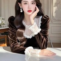 Liên kết ♥ Áo sơ mi Hàn Quốc nối ren dài tay màu trơn cho nữ