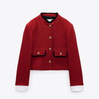 (Likenew 99%) Áo vest ZARA 8236/795/606 đỏ cúc hoạ tiết viền tay áo trắng(kèm ảnh thật)
